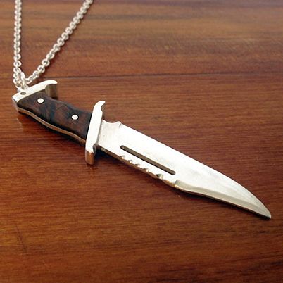 Sterling silver Rambo knife with wood handle necklace.